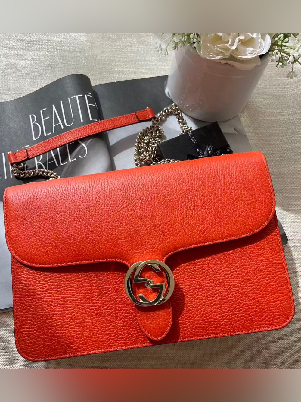 Gucci Orange-Red Pebbled Leather Shoulder Bag with Gold Double-G